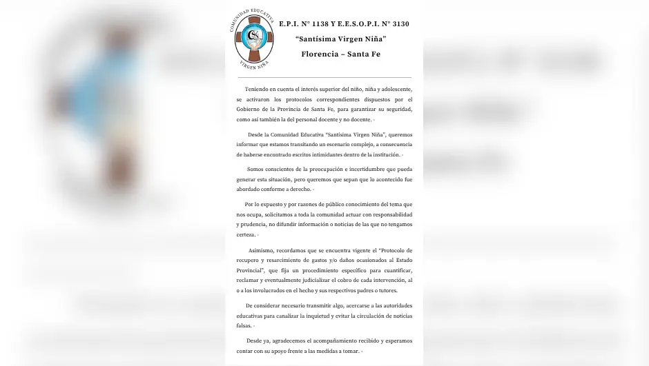El Colegio Santísima Virgen Niña activó protocolos de seguridad tras el hallazgo de escritos intimidantes