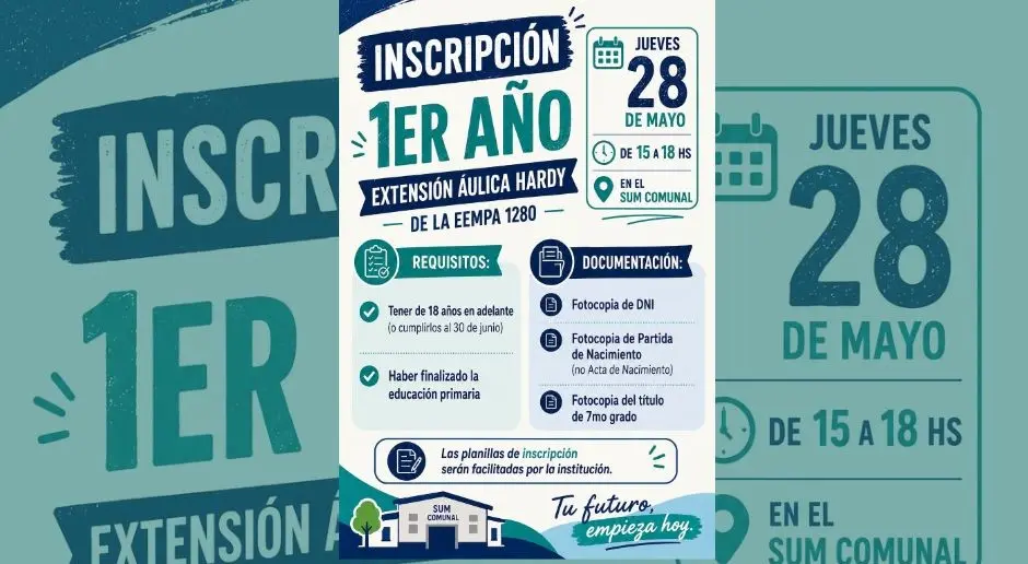 Abren las inscripciones para el primer año de la extensión áulica del EEMPA 1280 en Hardy